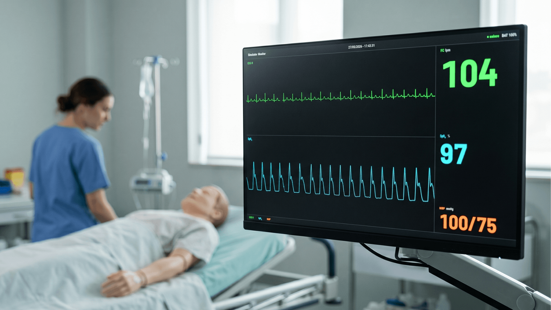 Simulador de Monitor de Constantes Vitales mostrando ECG, pletismografía y constantes (FC, SpO₂, presión arterial) en un escenario de simulación clínica.